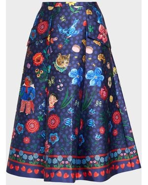 Maison Common Printed Micado Satin Midi Skirt - Blue