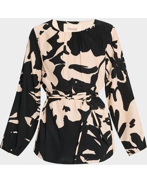 Figue Kasey Floral Belted Slit-Sleeve Silk Tunic - White