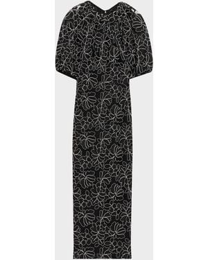 Lela Rose Floral Lace Puff-Sleeve Midi Sheath Dress - Black