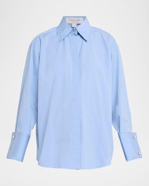 Michael Kors Crystal-Cufflink Frayed Cotton Button-Down Shirt - Blue