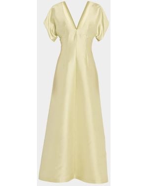 Alberta Ferretti Pleated V-Neck Short-Sleeve Silk Maxi Dress - Yellow