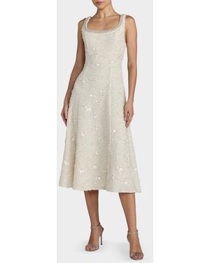 Mac Duggal Boucle Embellished Square Neck A-Line Midi Dress - Natural