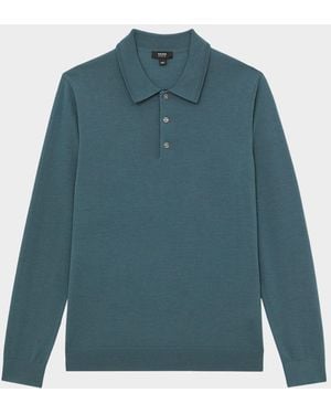 Reiss Trafford Merino Wool Long-Sleeve Polo Shirt - Blue