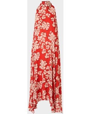 Akris Punto Mock-Neck Papercut Floral Print Viscose Georgette Midi Dress - Red