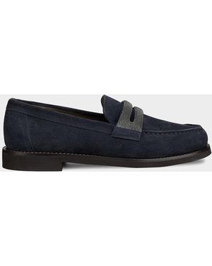 Brunello Cucinelli Monili Suede Penny Loafers - Blue