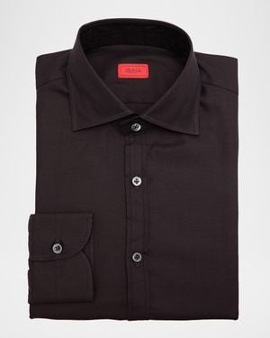 Isaia Cotton Micro-Herringbone Dress Shirt - Black