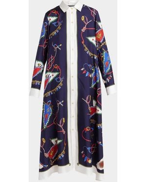 Etro Nautical Print Silk Long-Sleeve Midi Shirtdress - Blue