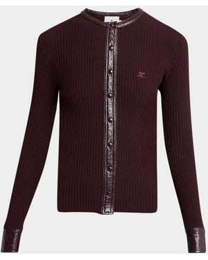 Courreges Contrast Vinyl & Knit Crewneck Cardigan - Purple