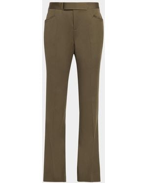 Balmain Buckle-Waist Wool Satin Straight-Leg Pants - Green