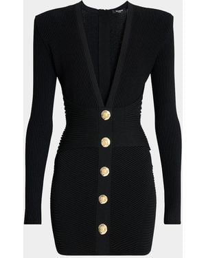 Balmain Buttoned Plunging Rib Knit Mini Dress - Black