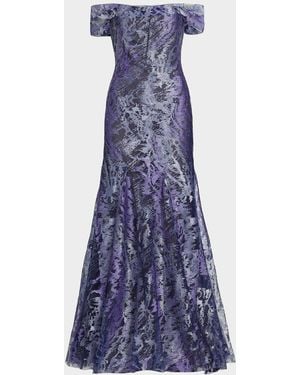 Rene Ruiz Metallic Off-The-Shoulder Mermaid Gown - Blue