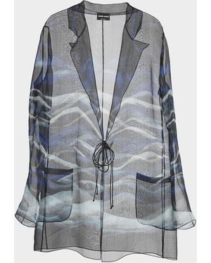 Giorgio Armani Night Water Print Self-Tie Silk Blouse Jacket - Blue