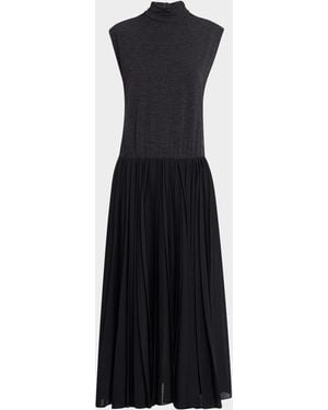 Brunello Cucinelli Mixed-Media Pleated Gauze Midi T-Shirt Dress - Blue
