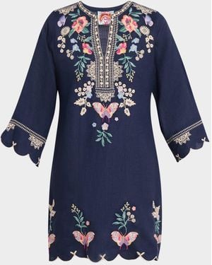 Johnny Was Floral-Embroidered Linen Mini Dress - Blue