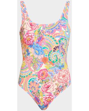 Johnny Was Paisley Floral Zip Tank One-Piece Swimsuit - Pink