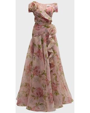 Teri Jon Pleated Off-Shoulder Floral-Print Organza Gown - Brown