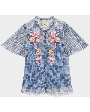 Johnny Was Leandra Embroidered Mesh Blouse - Blue