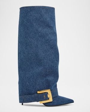 Balmain Anthem Denim Buckle Knee-High Boots - Blue