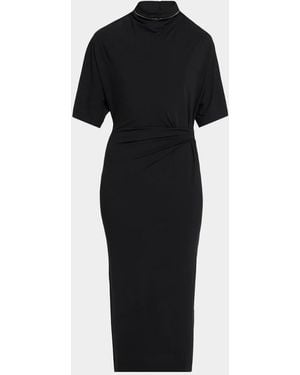 Brunello Cucinelli Mock-Neck Couture Wool Jersey Tucked Midi Dress - Black