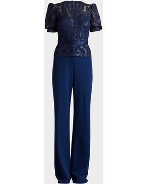 Tadashi Shoji Sequined Lace Crepe V-Neck Jumpsuit - Blue