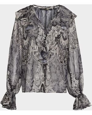 Kobi Halperin Locke Ruffle Tie-Neck Blouse - Gray