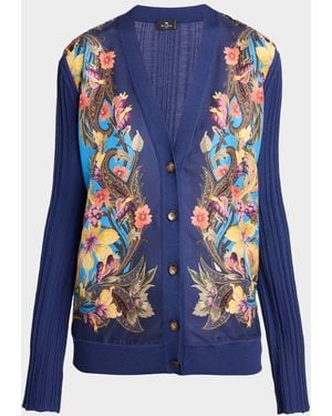 Etro Paisley Silk And Wool Rib V-Neck Cardigan - Blue