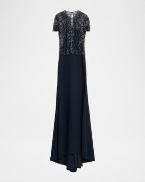 Naeem Khan Beaded Bodice Cap-Sleeve Fit-And-Flare Crepe Gown - Blue