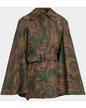 Etro Paisley-Print Cotton Belted Cape Coat - Green