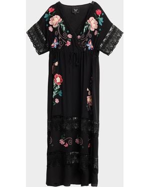 Johnny Was Amapola Embroidered Lace-Trim Maxi Dress - Black