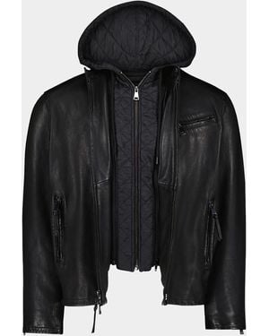 Robert Graham Cedro Leather Moto Jacket With Nylon Hooded Bib - Black