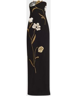 Lela Rose Floral Cord Embroidered Strapless Column Gown - Black