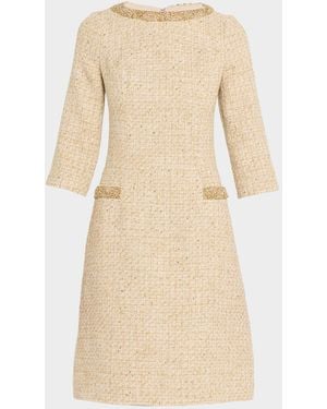 Teri Jon Metallic Boucle Jewel-Trim A-Line Dress - Natural