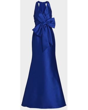 Badgley Mischka Satin Mikado Bow Mermaid Gown - Blue