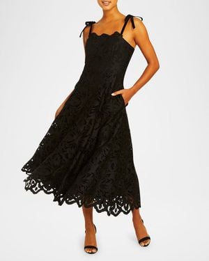 mestiza Cataleya Scalloped Floral Lace Midi Dress - Black