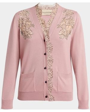 Valentino Garavani Scalloped Lace V-Neck Cardigan - Pink