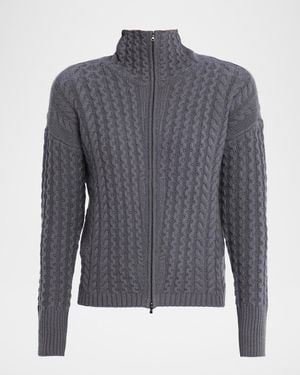TSE Cashmere Zip-Front Cable Bomber Jacket - Blue