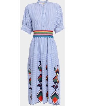Maison Common Striped Cotton Embroidered Midi Shirtdress - Blue
