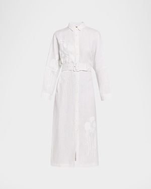 Libertine On Hand Silk Screen Belted Linen Shirtdress - White