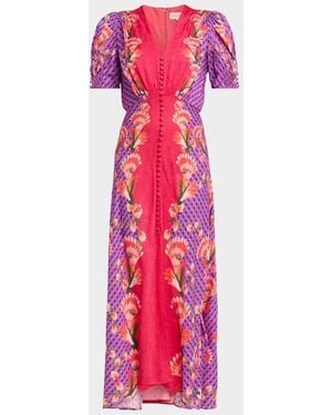 Saloni Lea Printed Long Dress - Pink
