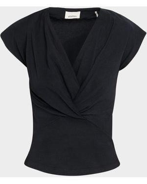 Isabel Marant Nadrine Gathered V-Neck Cotton T-Shirt - Black