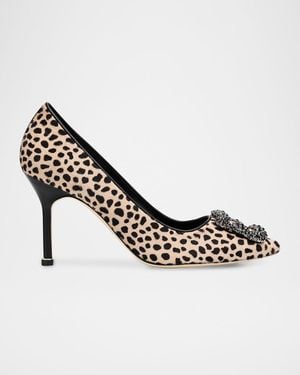 Manolo Blahnik 90Mm Hangisi Calf Hair Pumps With Crystal Buckle - Metallic
