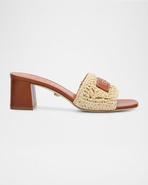 Versace 55Mm Logo Tag Leather And Raffia Mule Sandals - Multicolor