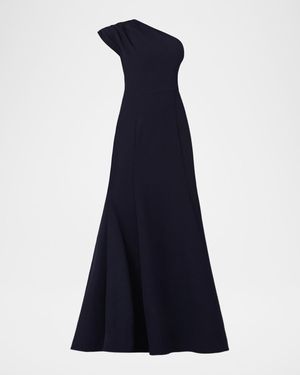 Shoshanna Carley Stretch-Crepe One-Shoulder A-Line Gown - Blue