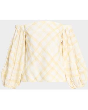 Rosie Assoulin Gingham-Print Balloon Sleeve Off-The-Shoulder Top - Natural