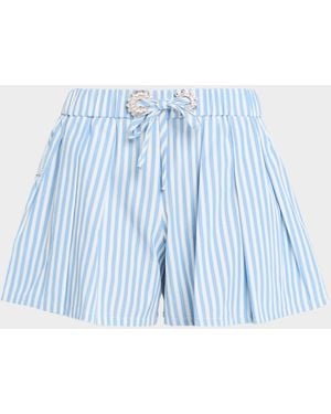 Area Crystal Grommet Striped Poplin Pleated Shorts - Blue