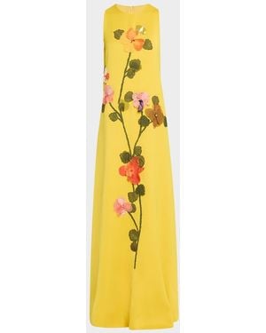 Lela Rose Sleeveless Flower Embroidered Gown - Metallic