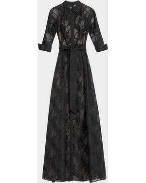 Teri Jon A-Line Organza Jacquard Shirt Gown - Black