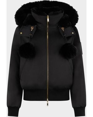 Moose Knuckles Debbie Satin Bomber Jacket With Removable Hood & Pom Poms - Black