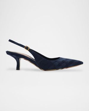 Burberry 55Mm Dame Check Denim Slingback Pumps - Blue