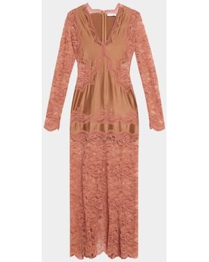 Rabanne Long-Sleeve Stretch Lace Jersey Maxi Dress - Pink